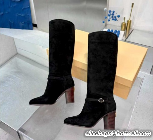 Hot Style Valentino Suede Heel High Boots 8cm with Buckle Black 1104080