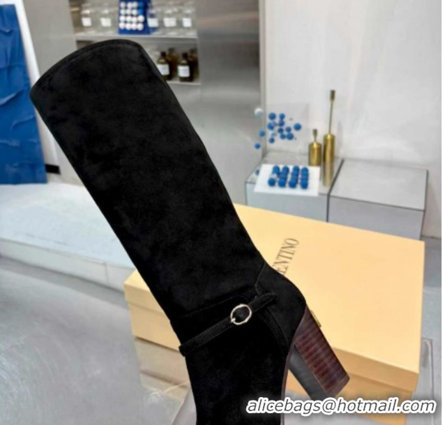Hot Style Valentino Suede Heel High Boots 8cm with Buckle Black 1104080