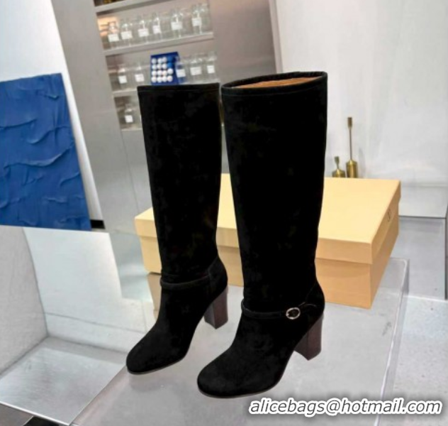 Hot Style Valentino Suede Heel High Boots 8cm with Buckle Black 1104080
