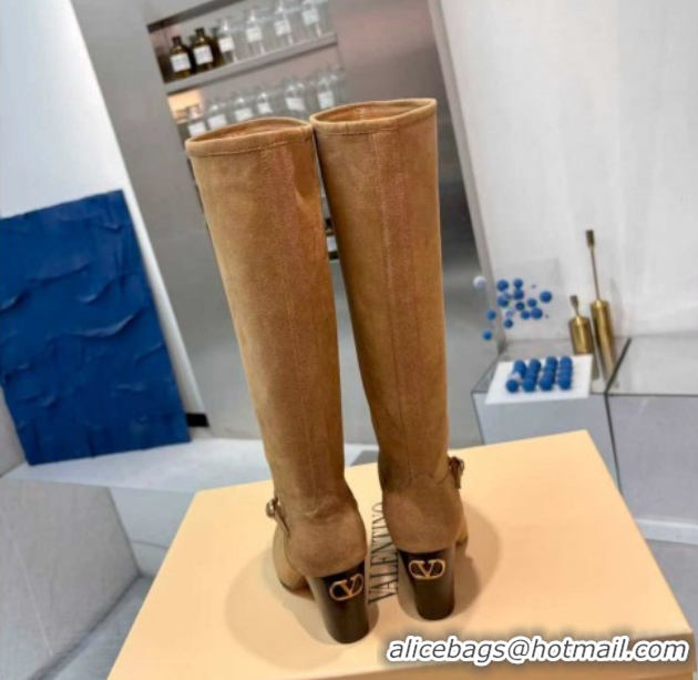 Sophisticated Valentino Suede Heel High Boots 8cm with Buckle Beige 1104081