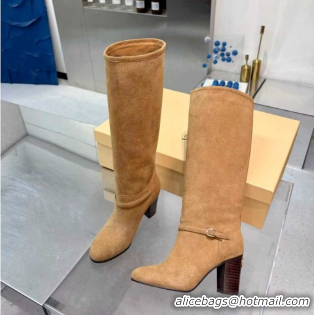 Sophisticated Valentino Suede Heel High Boots 8cm with Buckle Beige 1104081