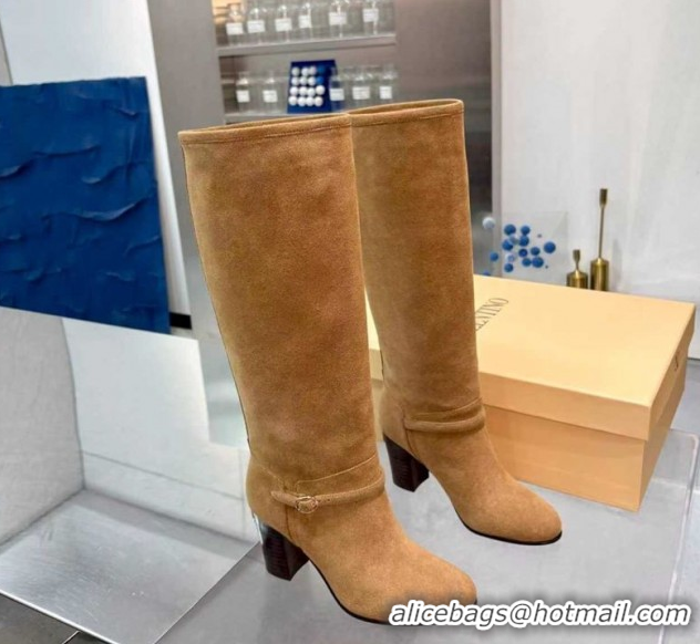 Sophisticated Valentino Suede Heel High Boots 8cm with Buckle Beige 1104081