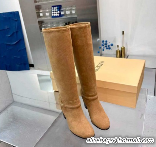 Sophisticated Valentino Suede Heel High Boots 8cm with Buckle Beige 1104081