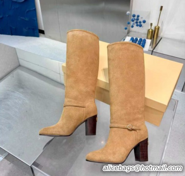 Sophisticated Valentino Suede Heel High Boots 8cm with Buckle Beige 1104081