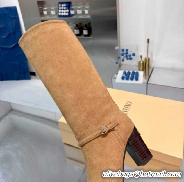 Sophisticated Valentino Suede Heel High Boots 8cm with Buckle Beige 1104081