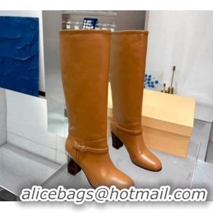 Stylish Valentino Calfskin Leather Heel High Boots 8cm with Buckle Brown 1104082