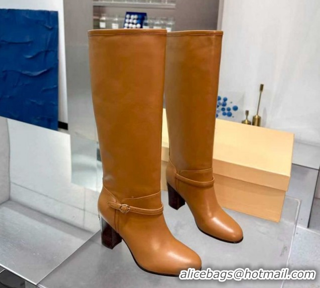 Stylish Valentino Calfskin Leather Heel High Boots 8cm with Buckle Brown 1104082