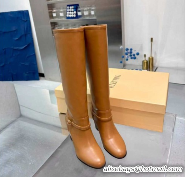 Stylish Valentino Calfskin Leather Heel High Boots 8cm with Buckle Brown 1104082