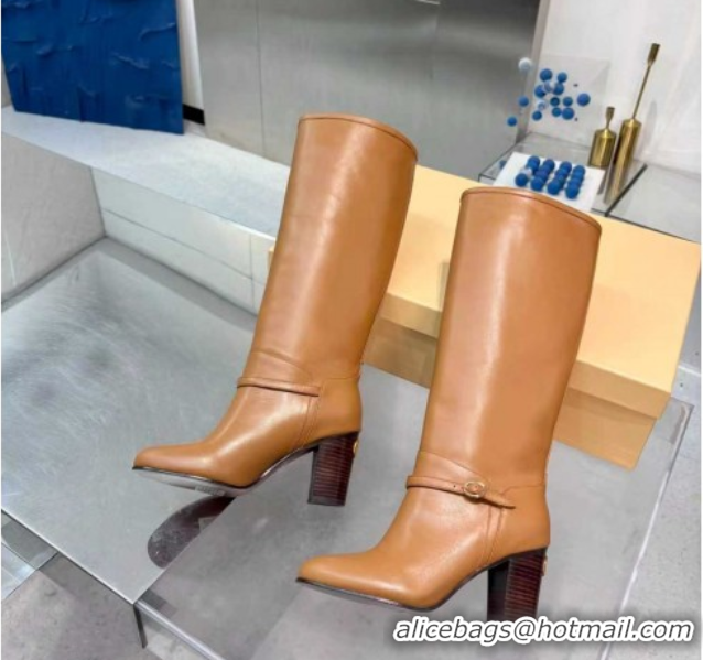 Stylish Valentino Calfskin Leather Heel High Boots 8cm with Buckle Brown 1104082