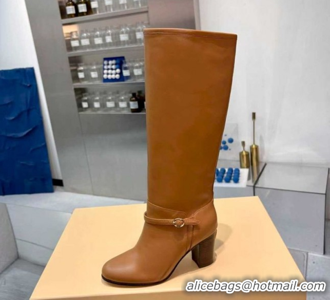 Stylish Valentino Calfskin Leather Heel High Boots 8cm with Buckle Brown 1104082
