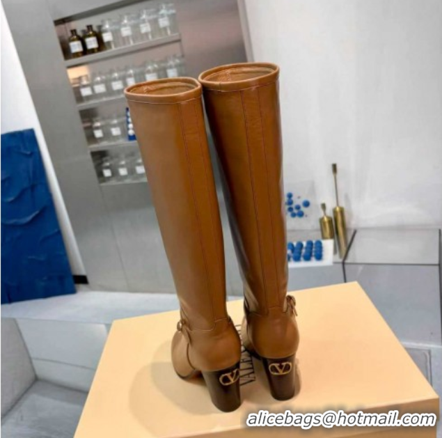 Stylish Valentino Calfskin Leather Heel High Boots 8cm with Buckle Brown 1104082