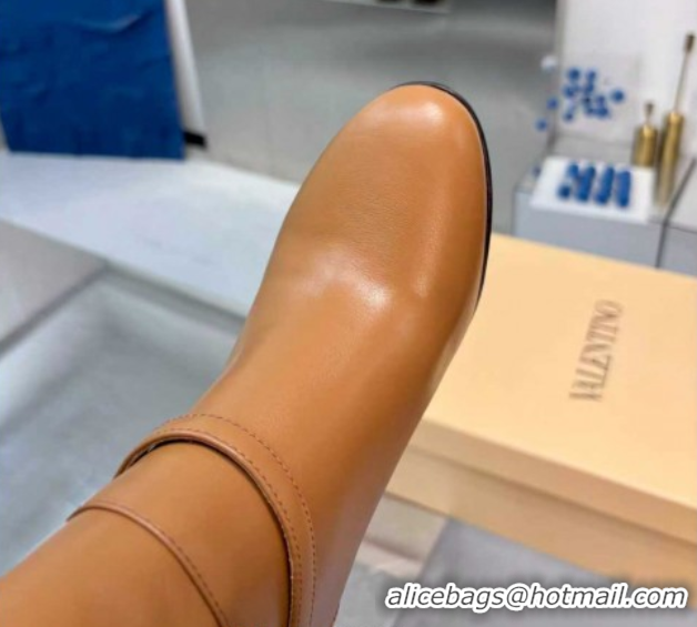 Stylish Valentino Calfskin Leather Heel High Boots 8cm with Buckle Brown 1104082