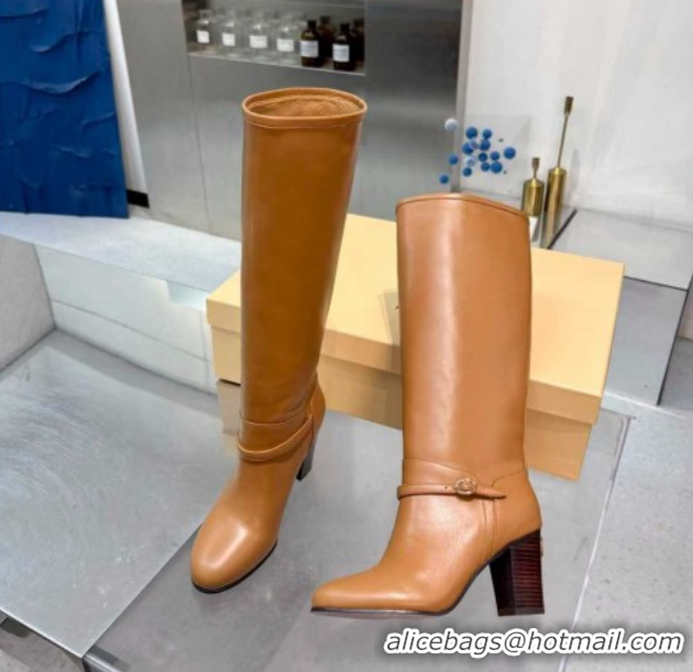 Stylish Valentino Calfskin Leather Heel High Boots 8cm with Buckle Brown 1104082