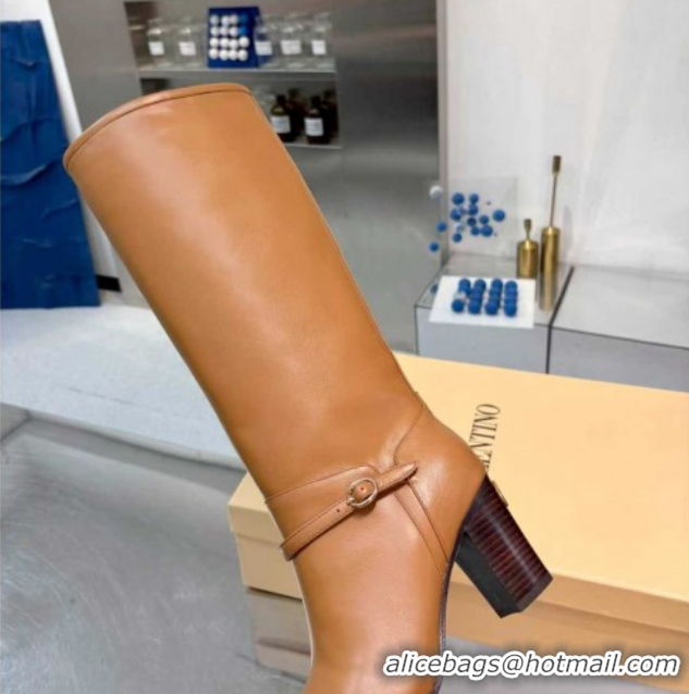 Stylish Valentino Calfskin Leather Heel High Boots 8cm with Buckle Brown 1104082