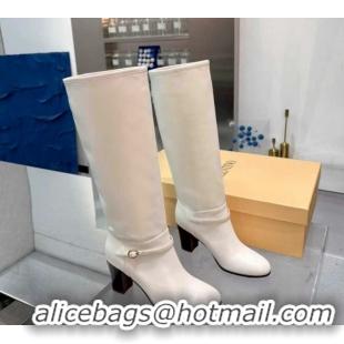 Sophisticated Valentino Calfskin Leather Heel High Boots 8cm with Buckle White 1104083
