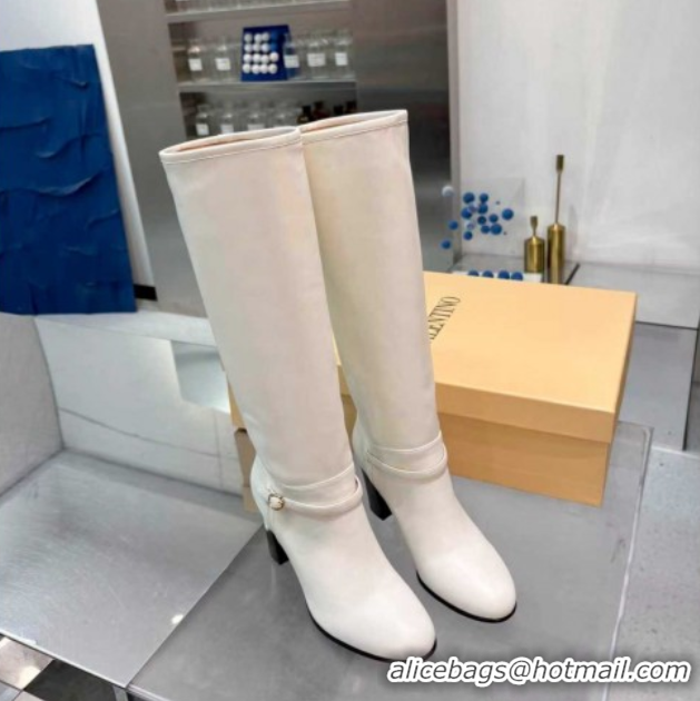 Sophisticated Valentino Calfskin Leather Heel High Boots 8cm with Buckle White 1104083