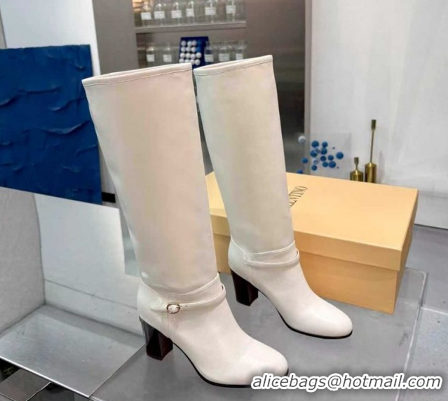 Sophisticated Valentino Calfskin Leather Heel High Boots 8cm with Buckle White 1104083