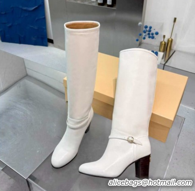 Sophisticated Valentino Calfskin Leather Heel High Boots 8cm with Buckle White 1104083