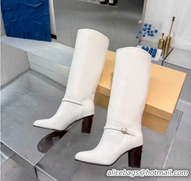 Sophisticated Valentino Calfskin Leather Heel High Boots 8cm with Buckle White 1104083