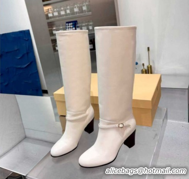 Sophisticated Valentino Calfskin Leather Heel High Boots 8cm with Buckle White 1104083