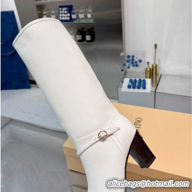 Sophisticated Valentino Calfskin Leather Heel High Boots 8cm with Buckle White 1104083