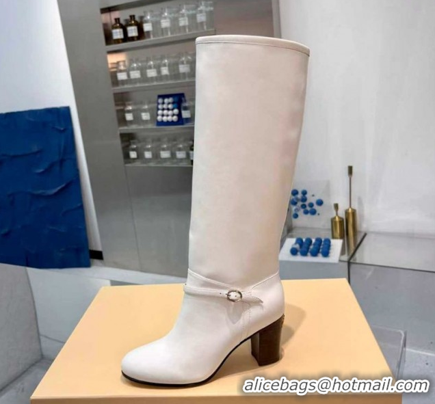 Sophisticated Valentino Calfskin Leather Heel High Boots 8cm with Buckle White 1104083