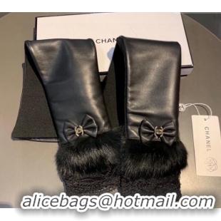 Wholesale Chanel Lambskin and Fur Sleeve with Lace and Bow 1206 Black 2023