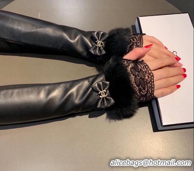 Wholesale Chanel Lambskin and Fur Sleeve with Lace and Bow 1206 Black 2023