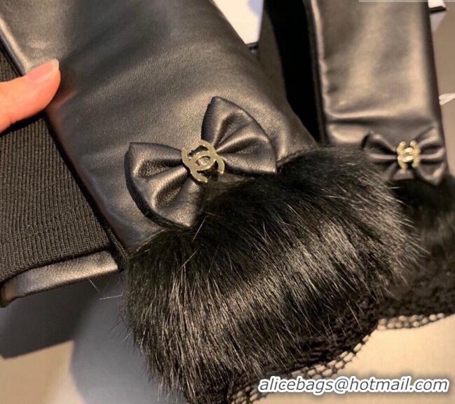 Wholesale Chanel Lambskin and Fur Sleeve with Lace and Bow 1206 Black 2023