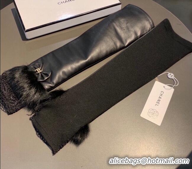 Wholesale Chanel Lambskin and Fur Sleeve with Lace and Bow 1206 Black 2023