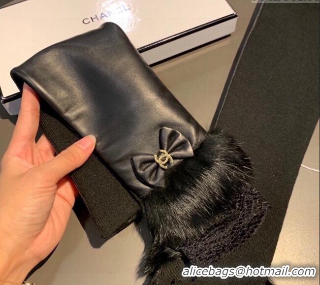 Wholesale Chanel Lambskin and Fur Sleeve with Lace and Bow 1206 Black 2023