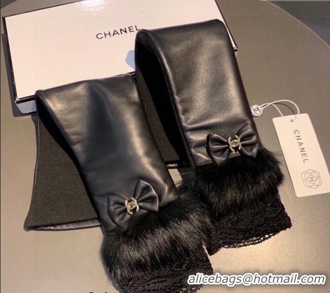 Wholesale Chanel Lambskin and Fur Sleeve with Lace and Bow 1206 Black 2023