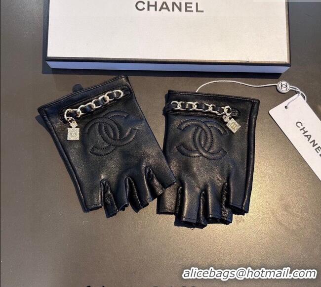 Latest Style Chanel Lambskin Short Gloves with Chain 0111 Black 2024