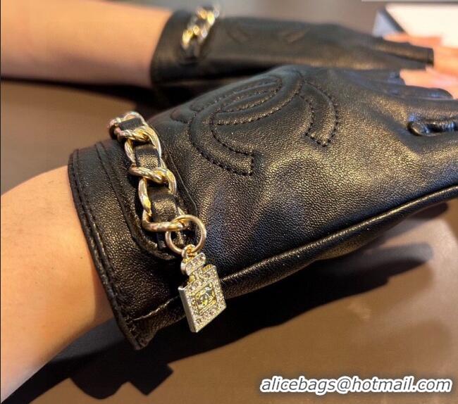 Latest Style Chanel Lambskin Short Gloves with Chain 0111 Black 2024