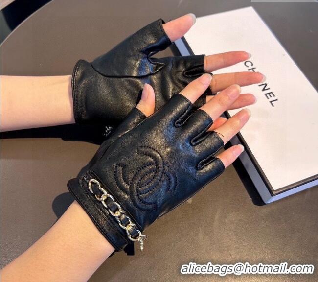 Latest Style Chanel Lambskin Short Gloves with Chain 0111 Black 2024
