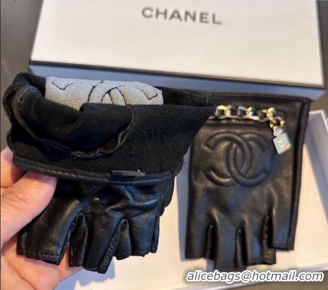 Latest Style Chanel Lambskin Short Gloves with Chain 0111 Black 2024