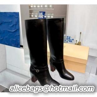 Perfect Valentino Calfskin Leather Heel High Boots 8cm with Buckle Black 1104084