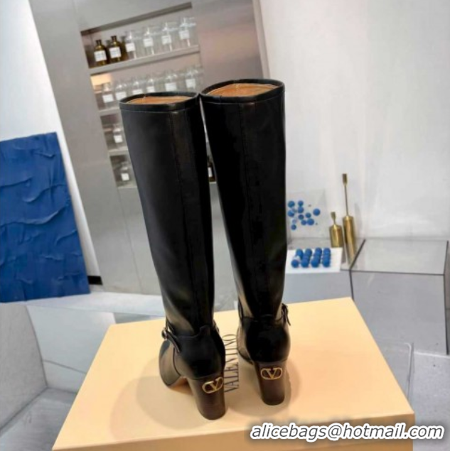 Perfect Valentino Calfskin Leather Heel High Boots 8cm with Buckle Black 1104084