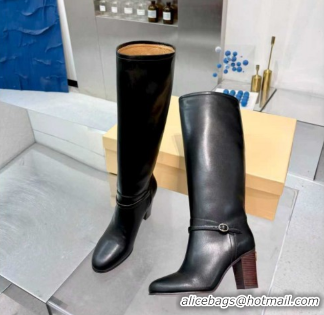 Perfect Valentino Calfskin Leather Heel High Boots 8cm with Buckle Black 1104084