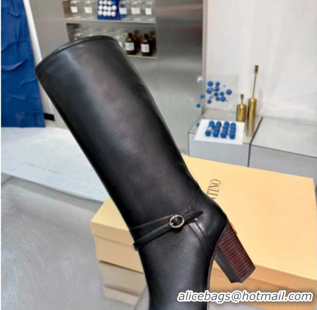 Perfect Valentino Calfskin Leather Heel High Boots 8cm with Buckle Black 1104084