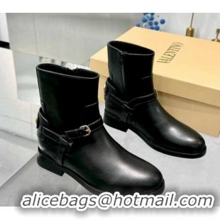 Sumptuous Valentino VLogo Signature Strap Flat Ankle Boots in Calfskin Leather Black 1104085