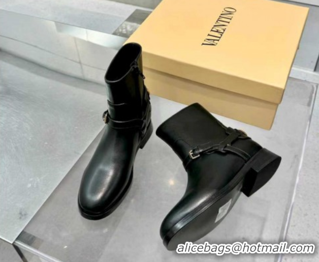 Sumptuous Valentino VLogo Signature Strap Flat Ankle Boots in Calfskin Leather Black 1104085