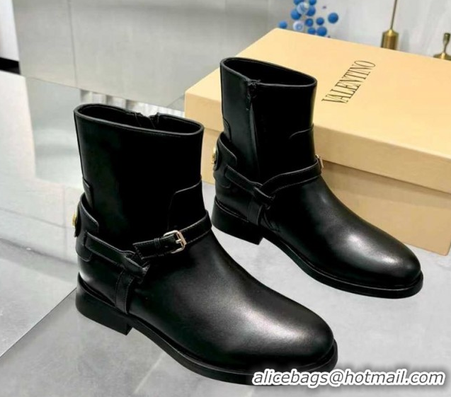 Sumptuous Valentino VLogo Signature Strap Flat Ankle Boots in Calfskin Leather Black 1104085