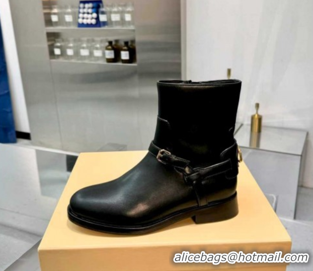 Sumptuous Valentino VLogo Signature Strap Flat Ankle Boots in Calfskin Leather Black 1104085