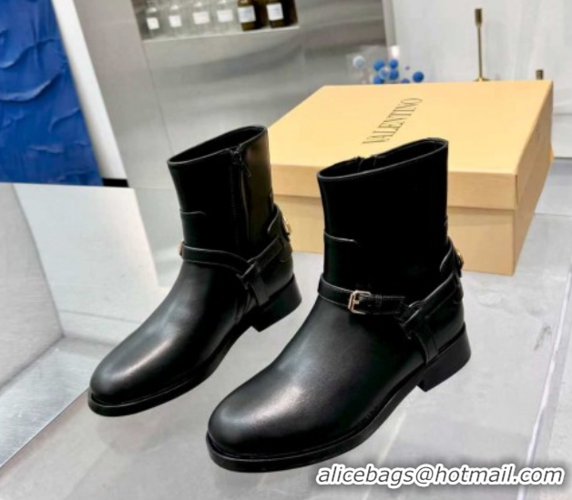 Sumptuous Valentino VLogo Signature Strap Flat Ankle Boots in Calfskin Leather Black 1104085