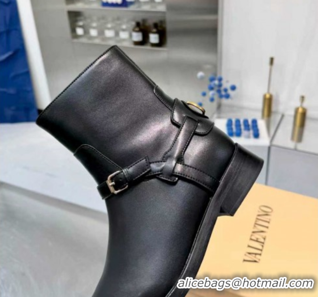 Sumptuous Valentino VLogo Signature Strap Flat Ankle Boots in Calfskin Leather Black 1104085