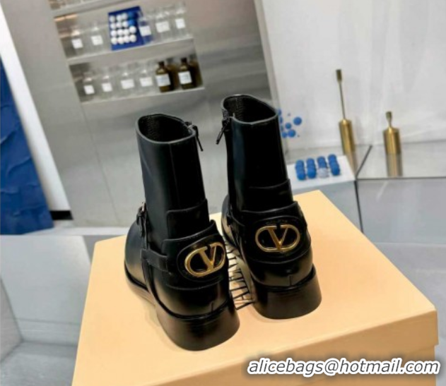 Sumptuous Valentino VLogo Signature Strap Flat Ankle Boots in Calfskin Leather Black 1104085