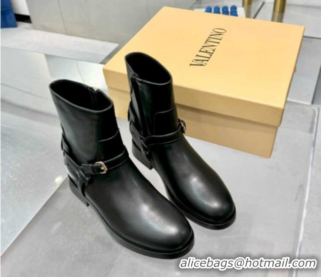 Sumptuous Valentino VLogo Signature Strap Flat Ankle Boots in Calfskin Leather Black 1104085