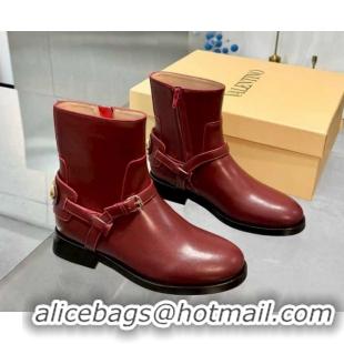 Luxury Valentino VLogo Signature Strap Flat Ankle Boots in Calfskin Leather Dark Burgundy 1104086
