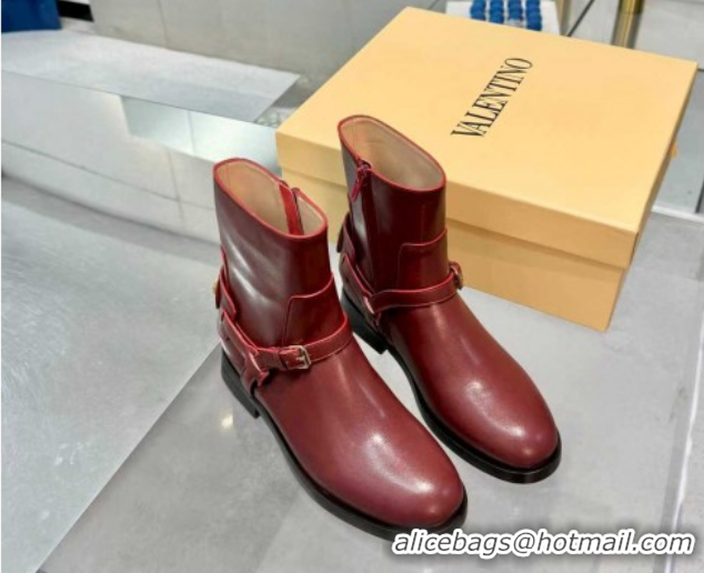 Luxury Valentino VLogo Signature Strap Flat Ankle Boots in Calfskin Leather Dark Burgundy 1104086